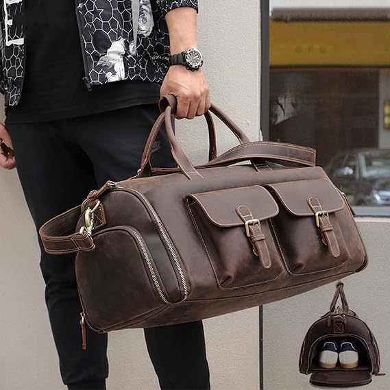 Garment Bag with Shoes, Full Grain Leather, Customized | Carry on Duffle Bag for Men Women, Weekender Business Suitcase for Travel Suit Coffee, Hanging