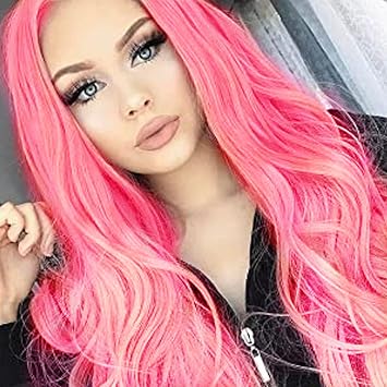 Pink Wig Baby Pink Lace Front Wigs for Women Soft Long Curly Wavy Natural Hairline Glueless Realistic Hot Pink Ombre Light Pink Full Synthetic Heat Resistant Fiber Hair Cosplay Party Daily 22 Inches