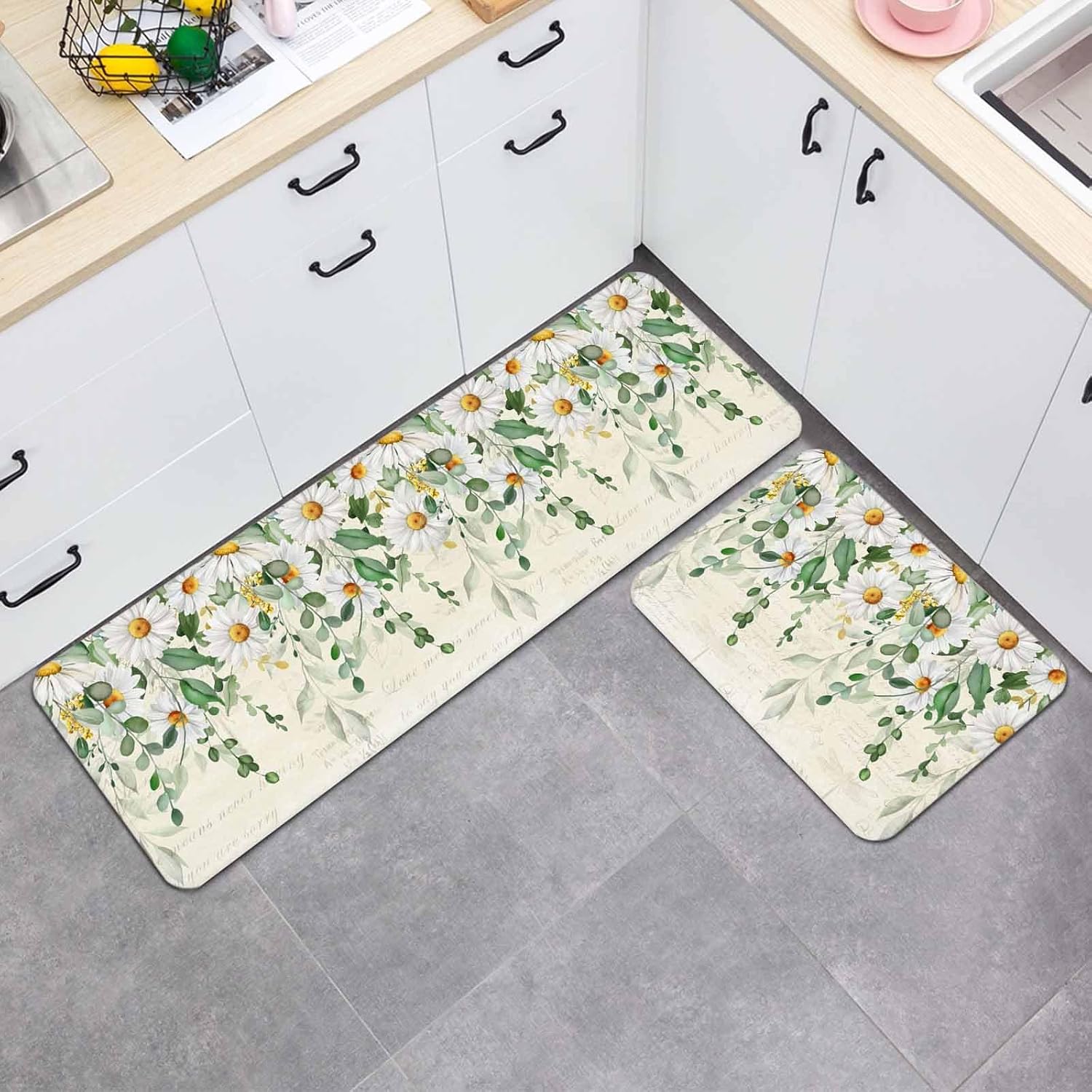 Prime Leader Spring Eucalyptus Leaves Kitchen Mat Set 2 Pieces Country Vintage Green Leaf White Daisy Non Slip Kitchen Rugs Washable Runner Rug Mats for Sink Laundry (19.7" x 31.5"+19.7" x 63")