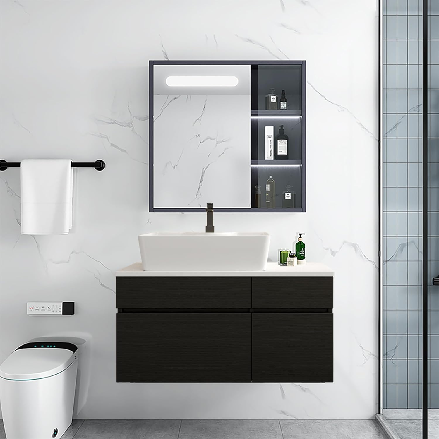 31.5 Inch Bathroom Vanity with Sink Combo, Floating Bathroom Vanity, Modern Wall Mount Cabinet with Ceramic Integrated Sink