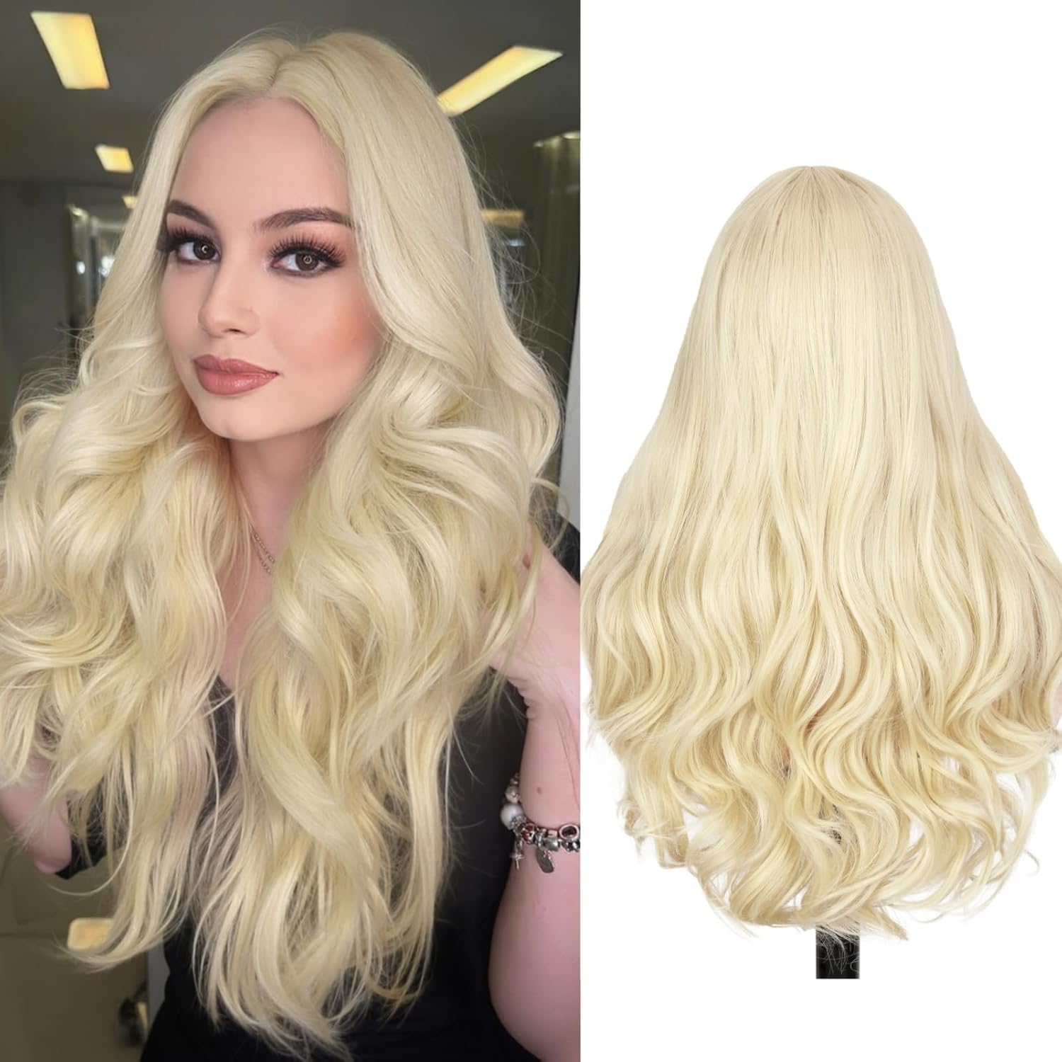 quickwig Blonde Wigs for Women and Girls Long Wavy Sun-kissed Blonde Wig 26 Inch Colored Wigs Heat Resistant Synthetic Middle Part Hair Wig for Daily Party Cosplay Use
