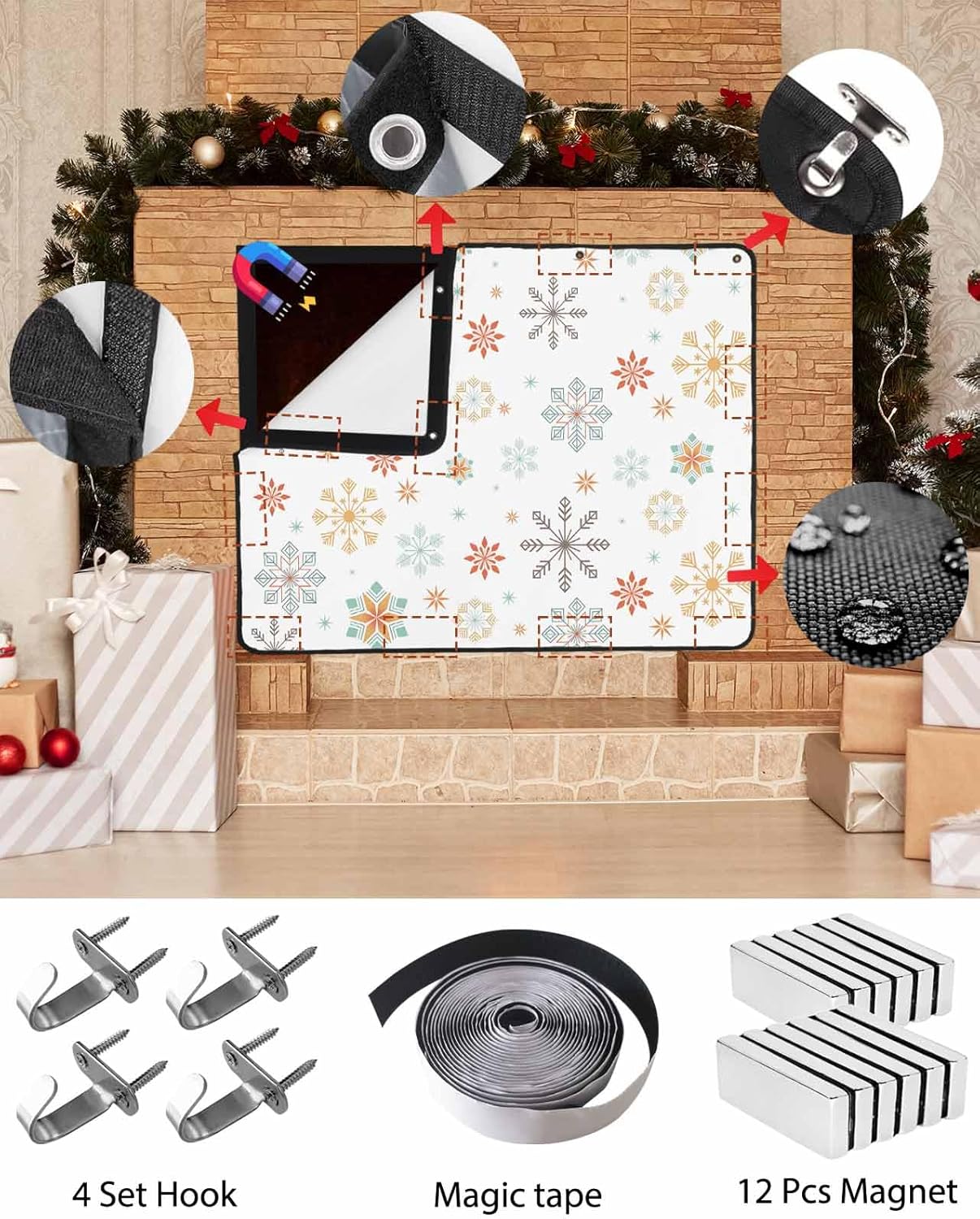 Christmas Snowflake Fireplace Screen Magnetic Fireplace Cover for Living Room Washable Indoor Fireplaces Draft Cover Christmas Fireplaces Screen, Xmas Yellow Teal Snow Winter Holiday 36"x27"