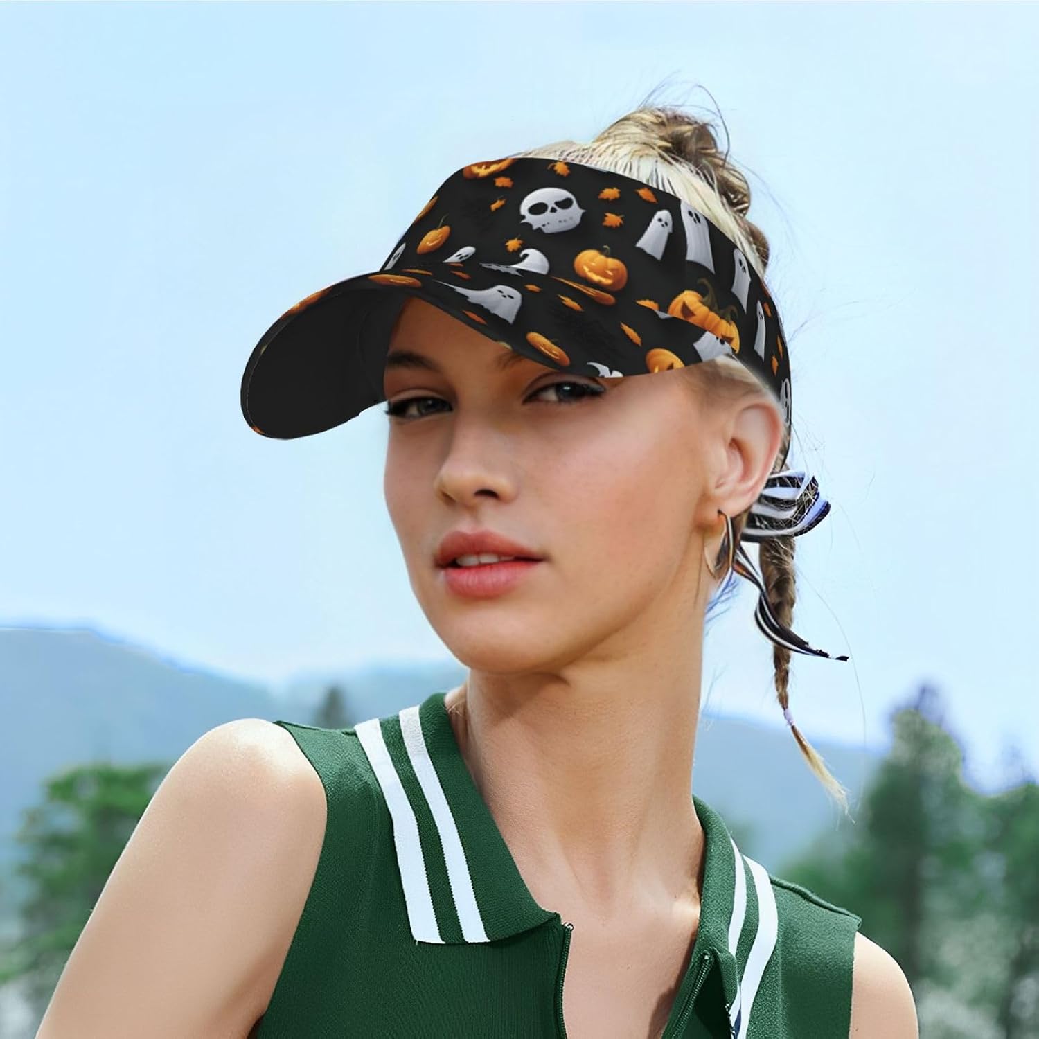 Cute Halloween Pattern Print Sport Sun Visor Hats Adjustable Empty Top Baseball Cap Ball Caps Sun Hat for Women and Men Black