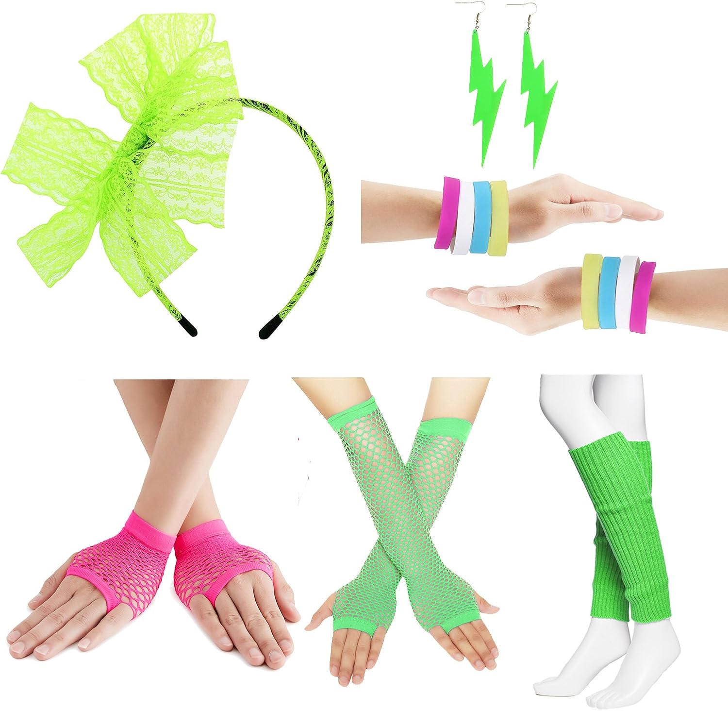 80s Fancy Outfit Costume Accessories Set,Leg Warmers,Fishnet Gloves,Earrings, Headband, Bracelet and Beads