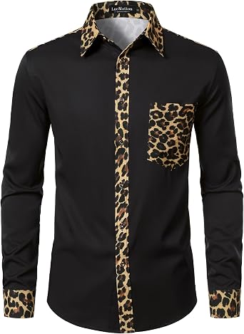 LucMatton Mens Leopard Print Long Sleeve Button Up Shirt | Vintage, 70s, Party, Cheetah, Animal Pattern, Hippie, Holiday Celebration