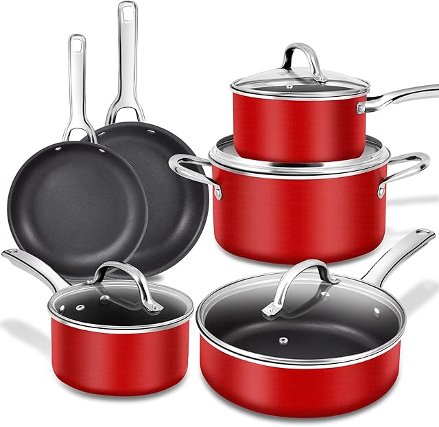 Nonstick Cookware Set 10 Piece, Induction Pots and Pans Set, Kitchen Cooking pots with Stainless Steel Handle, Aluminium Cookware with Frying Pan, Stock Pot, Saute Pan, Saucepan, Glass Lids, Red