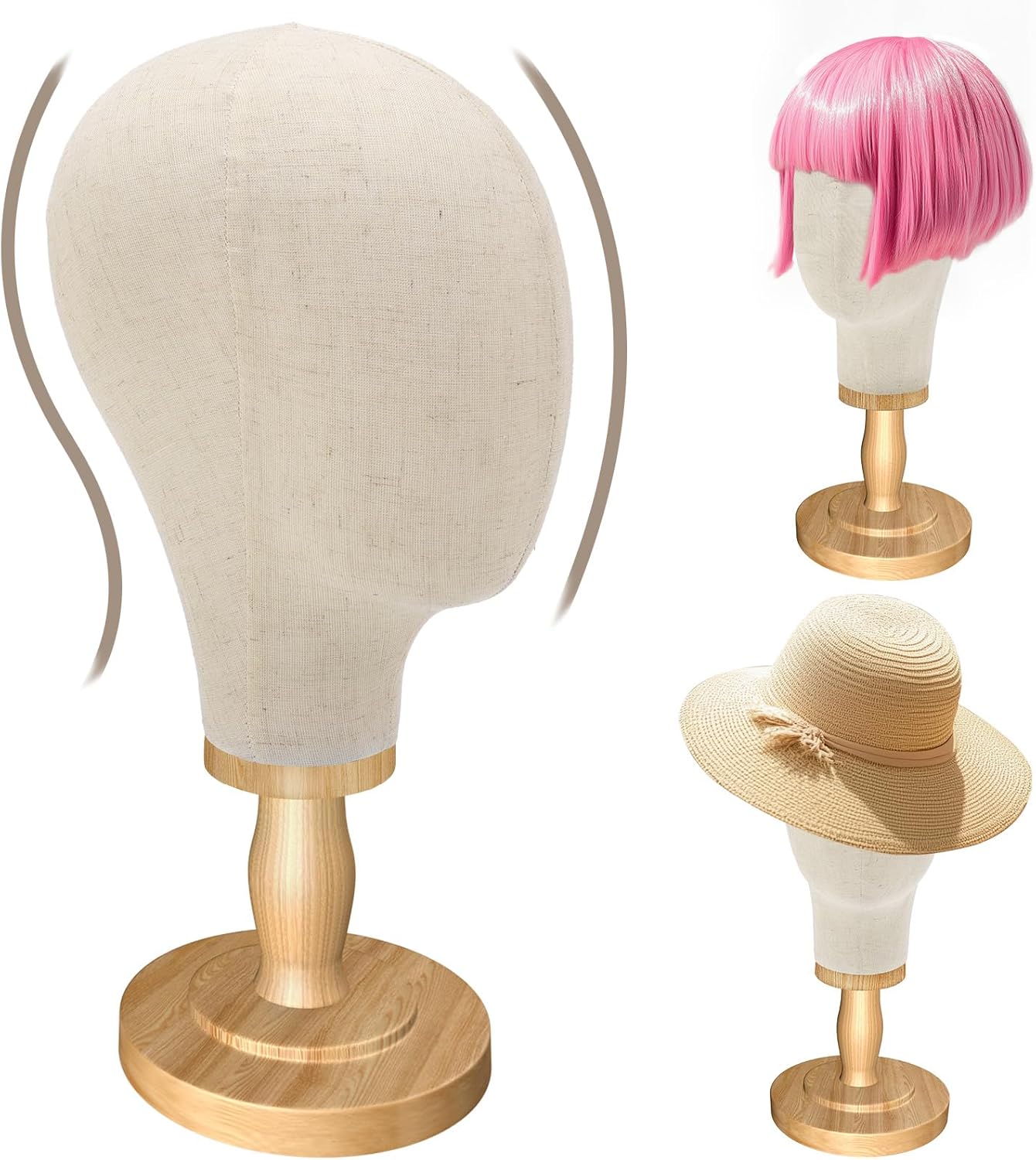 Wig Stand, 22inch Mannequin Head with Detachable Wood Base,Canvas Head Holder for Hair Styling Jewelry Glasses Headband Display, Wig Stand for Wigs,Hats, Caps, Headdress, Beige