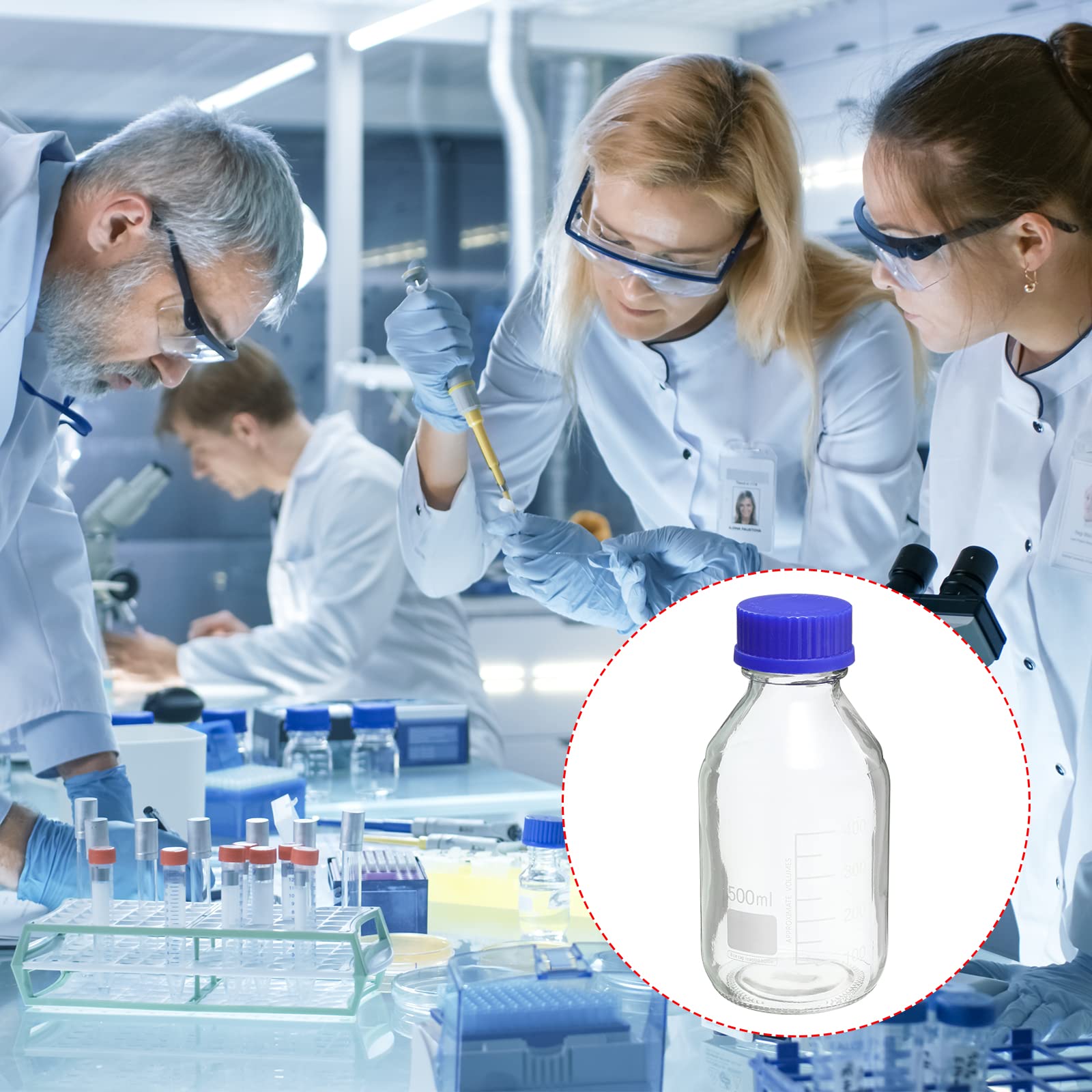 PATIKIL 500mL Reactivo Medios Botella, 2uds Redondo Graduado Vidrio Almacenamiento Botella Azul Roscada Tapa para Laboratorio Hogar, Transparente