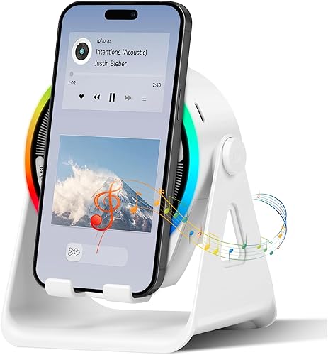 Altavoz Bluetooth de Inducción Inalámbrica, 4 en 1 con Soporte para Teléfono Giratorio de 360° y Luz Ambiental RGB, Sonido Envolvente de Alta Blanco