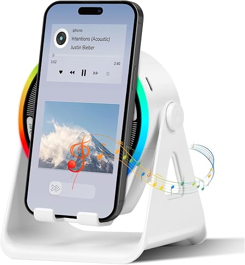 Altavoz Bluetooth de Inducción Inalámbrica, 4 en 1 con Soporte de Teléfono Giratorio 360° y Luz Ambiental RGB, Sonido Estéreo Surround de Alta Definición con Soporte para Teléfono (Blanco)