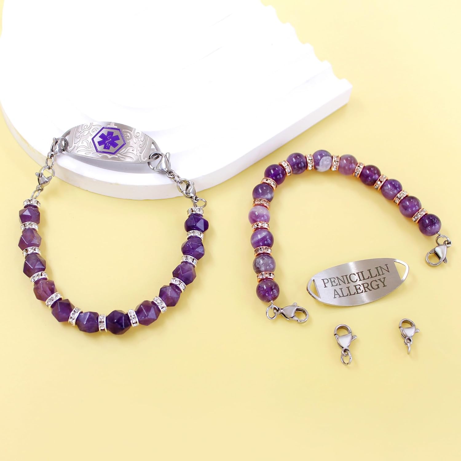 Women’s Medical ID Bracelet｜Purple Crystal Beads｜Stainless Steel Laser Engraved｜Lightweight, Waterproof & Comfortable｜Customizable Text｜Daily, Sports & Outdoor Wear