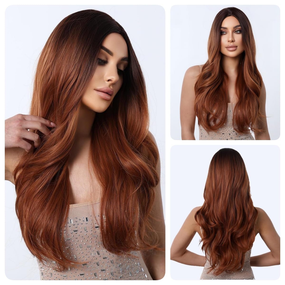 Middle Part Ombre Auburn Red Human Hair Wigs Long Wavy Glueless Pre Plucked Hairline Fashion Style For Women Wedding Occasions (Auburn26 inch)