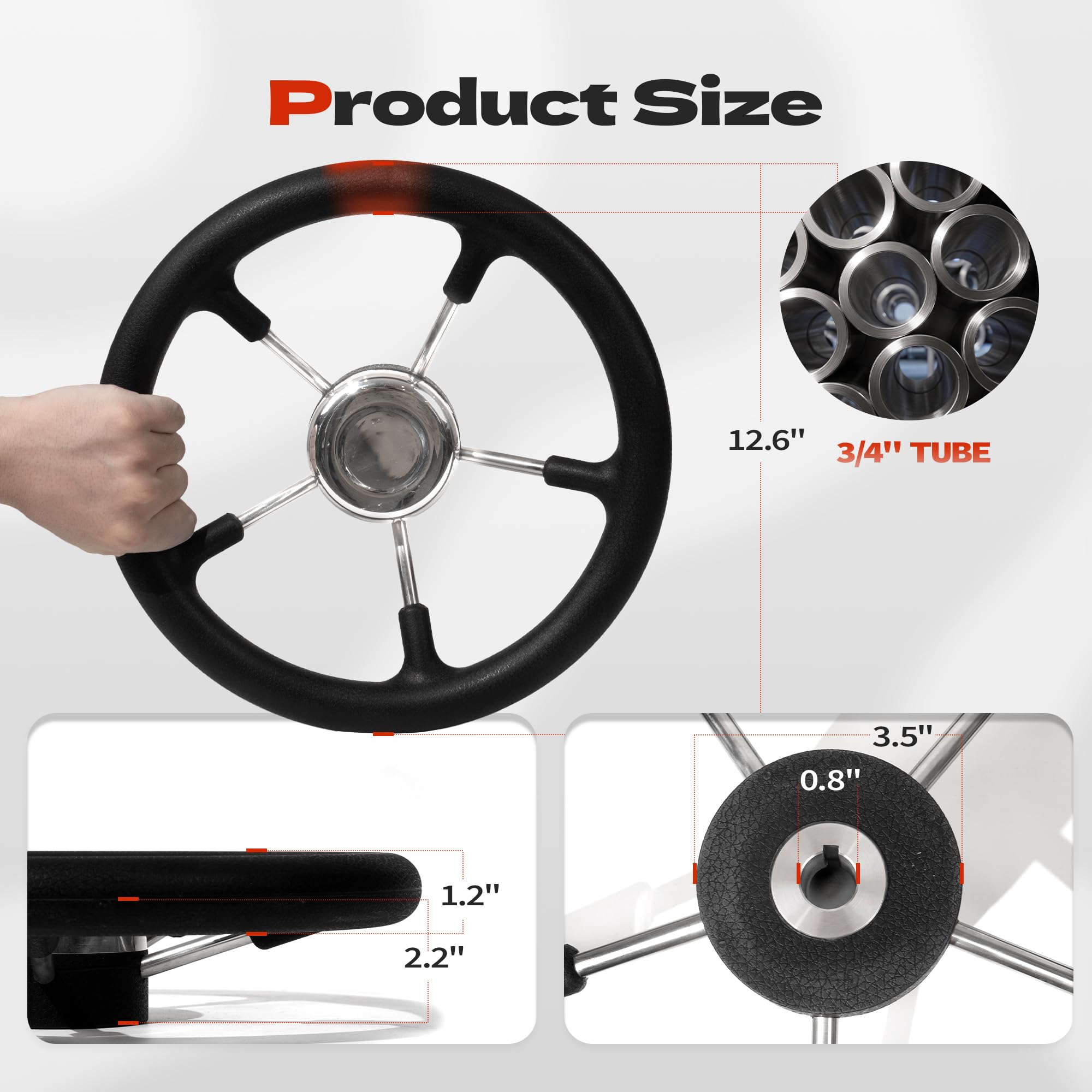 Volante per barca da 33 cm, in acciaio inox, adatto per albero conico da 1,9 cm, 5 razze in schiuma PU nera, antiscivolo, stile distruttore, per barche, yacht, pontoni