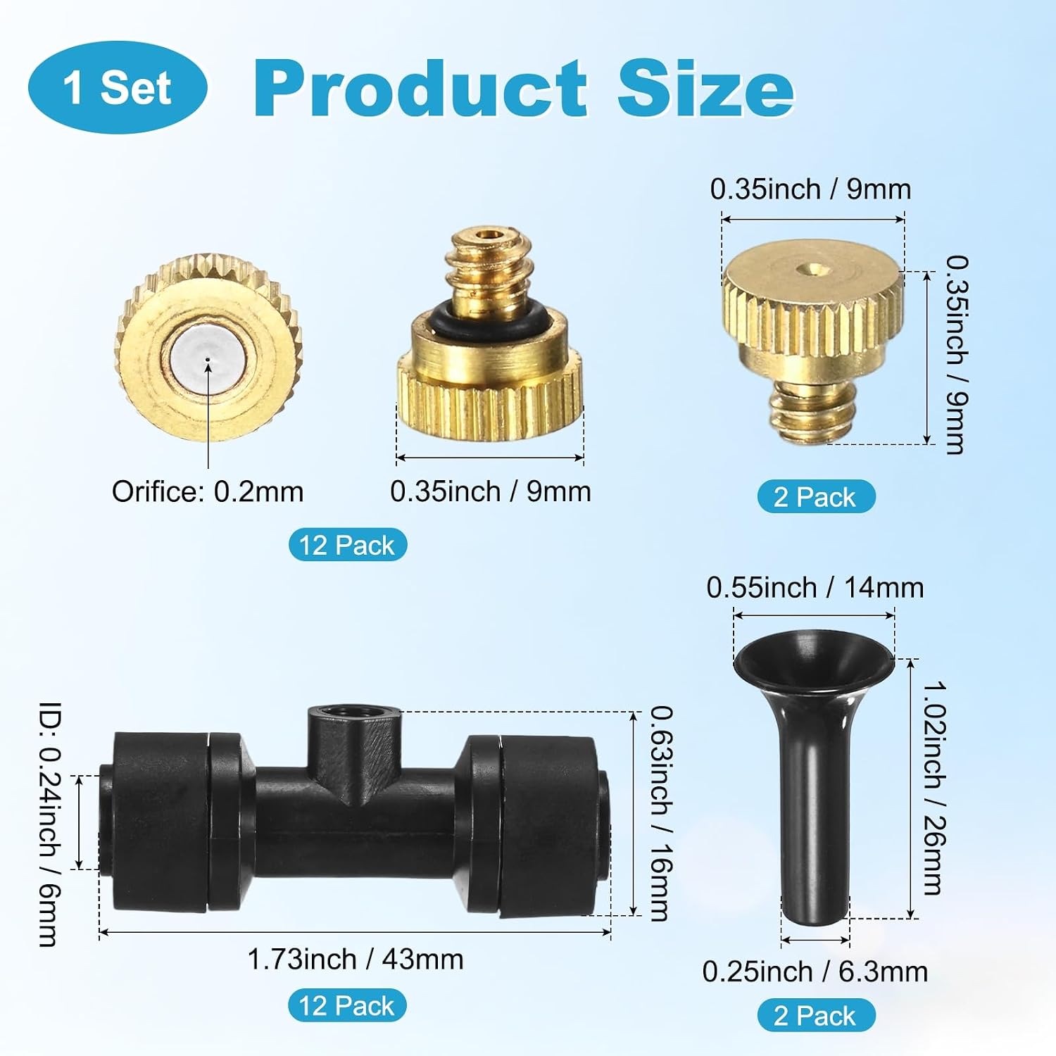 M METERXITY 12-Pack Brass Misting Nozzles Tees, 0.2mm Orifice Dia Heavy Duty Mister Nozzle with Brass Plugs and Black Plugs for 1/4 Inch Tubing Outdoor Spray Cooling System image 3