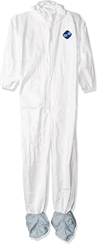 DuPont TY122S معصم مرن يمكن التخلص منه ، Bootie & amp؛ غطاء محرك السيارة الأبيض Tyvek Coverall Suit 1414 ، كبير
