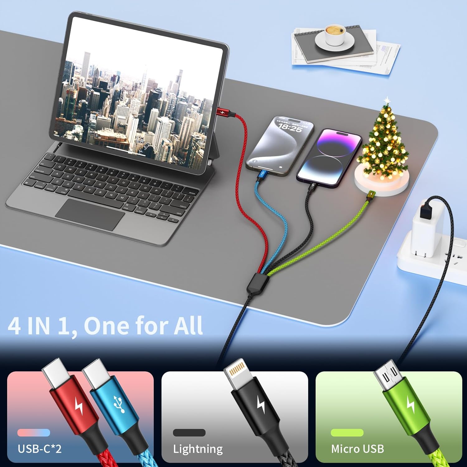 Car Accessories Multi Charging Cable [3Pack 5FT], Travel Essentials 4 in 1 Charging Cords, USB Cable Phone Charger with IP/Type C/Type C/Micro, Compatible with Most Phones/Tablets and More