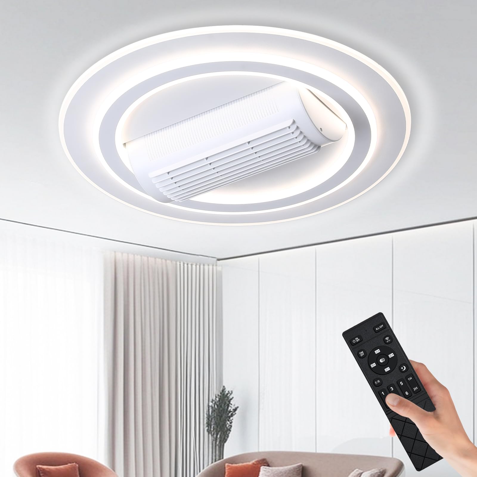 Bladeless Ceiling Fans with Lights, 20" Modern Flush Mount Ceiling Fan with Remote and Dimmable LED Lights, 6 Speed Fan Light for Bedroom Living Room