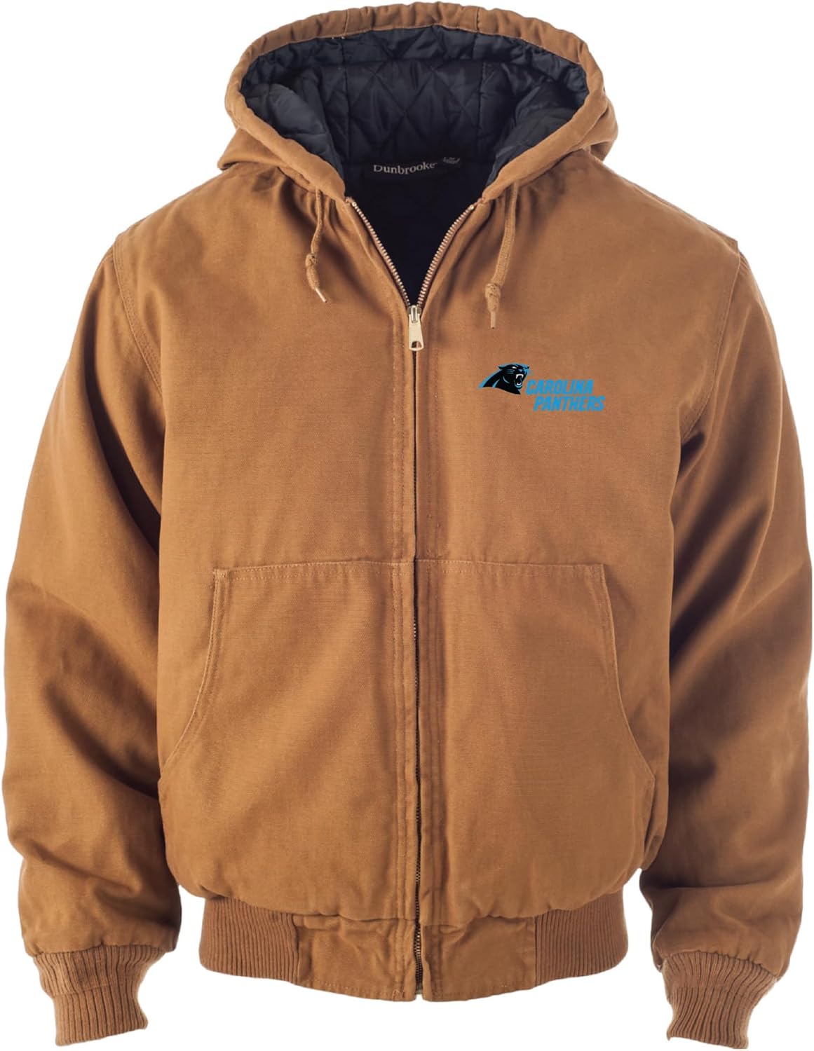 Dunbrooke NFL Carolina Panthers Dakota Canvas Quilt Lined Hooded Jacket, Coffee, Small