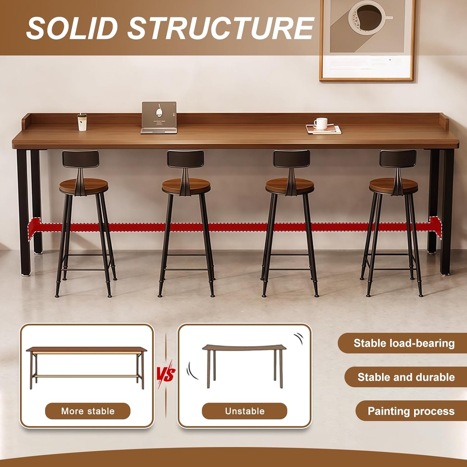 Farmhouse Rectangle Bar Table with Metal Legs, 47 Inch Long Solid Wood Counter Height Tables, 2 Inch Thick Rustic Industrial Pub Table for Kitchen, Coffee Shop, Walnut, No Chairs