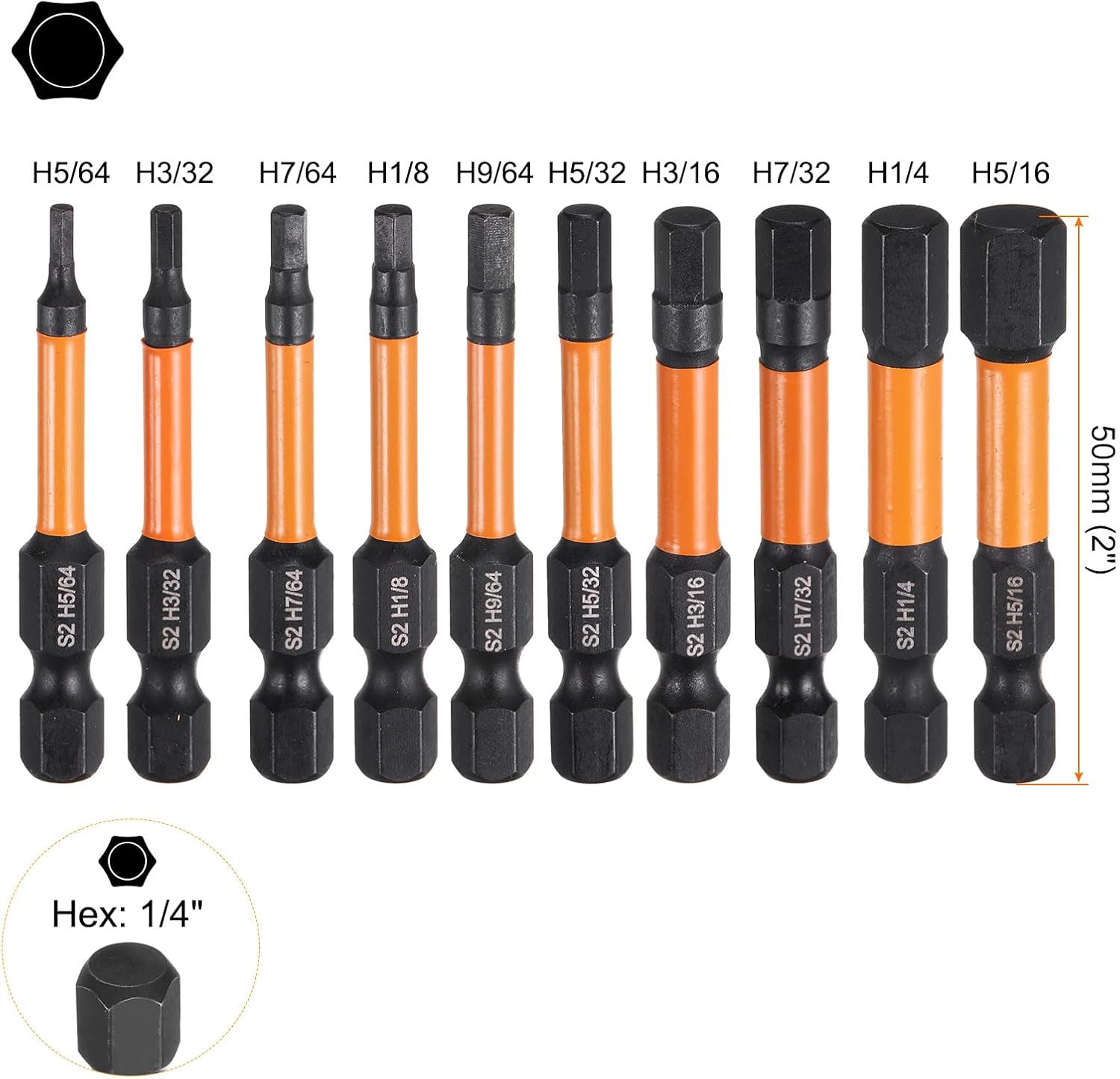 HARFINGTON 10pcs H5/64+H3/32+H7/64+H1/8+H9/64+H5/32+H3/16+H7/32+H1/4+H5/16 Hex Head Drill Bit Wrench Kit Flat Tip 1/4" Hex Shank 50mm (2") Long Magnetic Hexagonal Screw Driver Socket