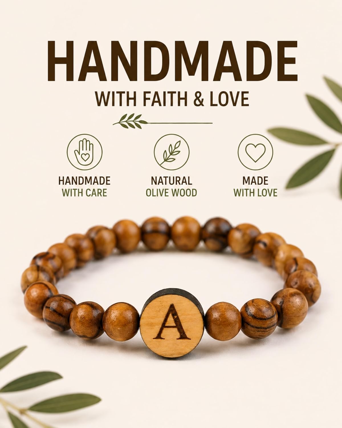 SANAD Personalized Bracelet with Letter A – Handmade Olive Wood Initial Bracelet – Adjustable Unisex Jewelry Gift from the Holy Land – Custom Engraved Charm image 2