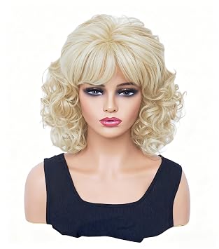 Vintage Blonde Wigs for Women 70s 80s Short Curly Wig with Bangs Shoulder Length Synthetic Wig for Cosplay,Halloween,Daily Use