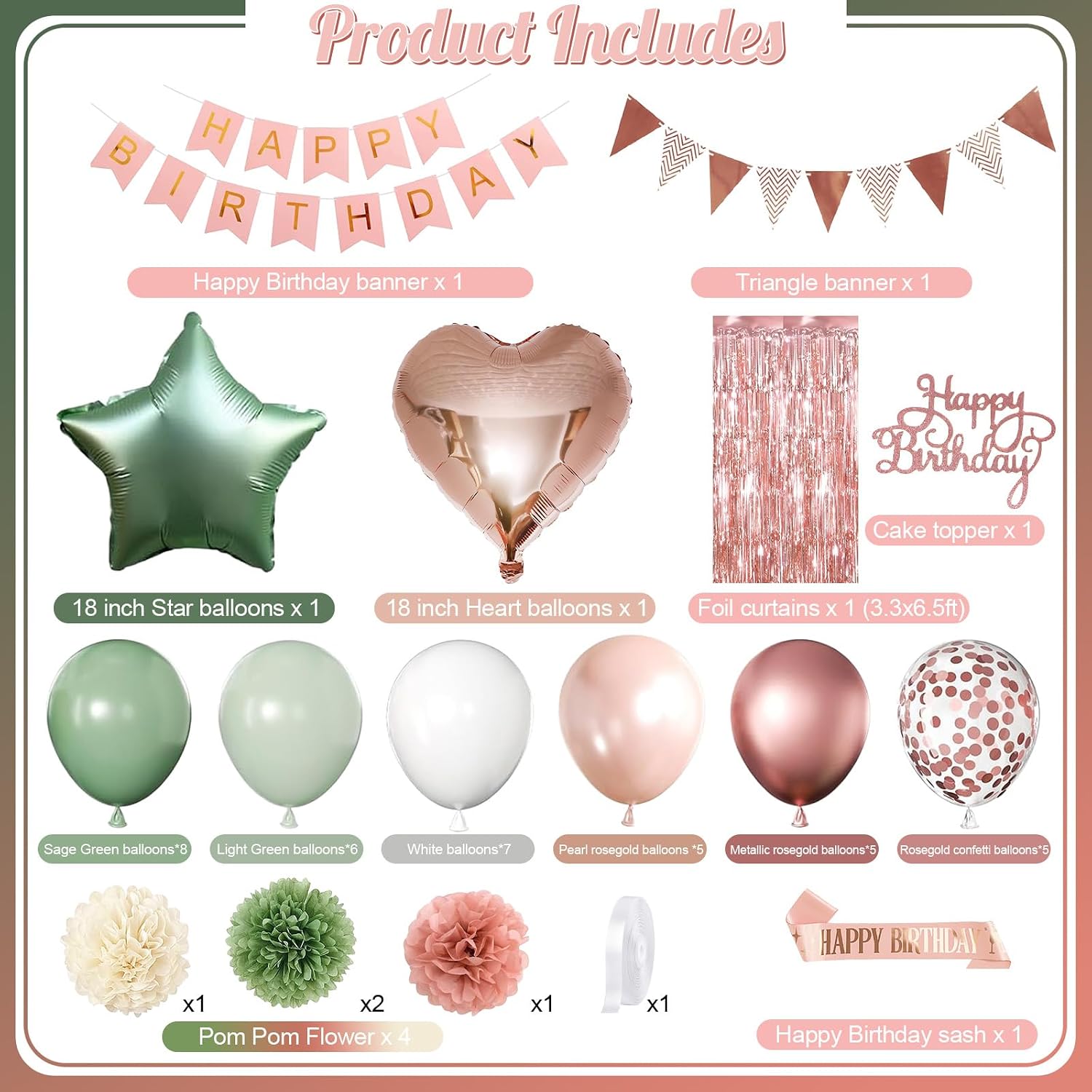 Rose Gold and Sage Green Birthday Decorations with Sash for Women Girl image 2