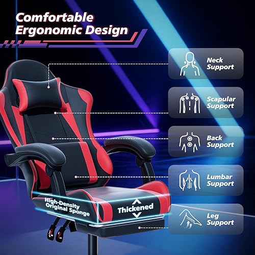 Miniatura 4 de Magshion Silla de juegos de respaldo alto con reposapiés, reclinable ergonómico ajustable, silla de computadora de piel sintética giratoria de 360