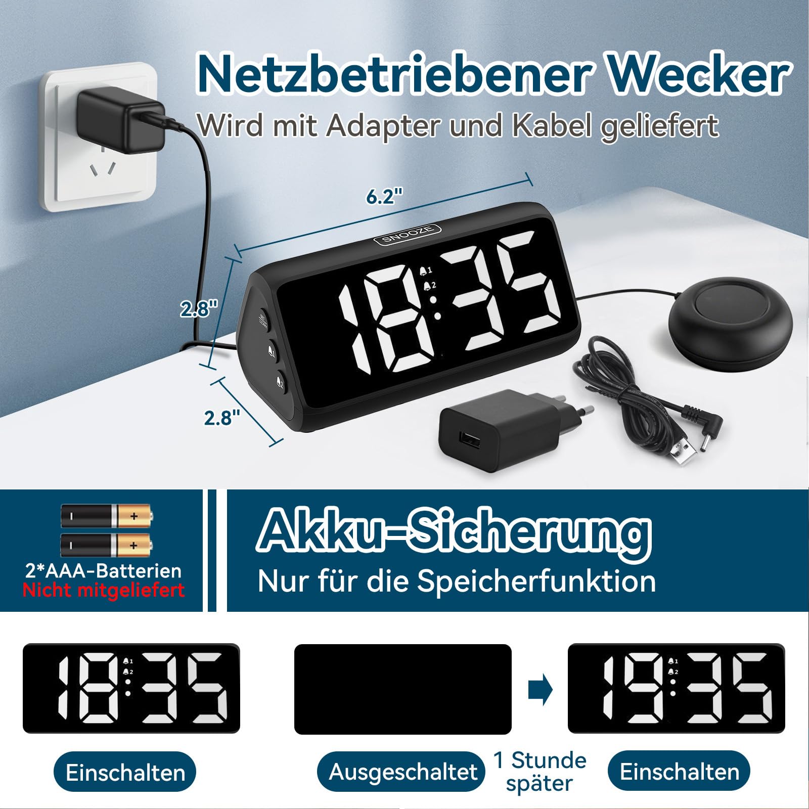 Głośny budzik do głębokiego snu, głośny budzik wibracyjny, podwójny alarm, wskaźnik LED, 5 poziomów jasności, 4 głośności, drzemka, budzik wibracyjny dla osób starszych, nastolatków, niesłyszących