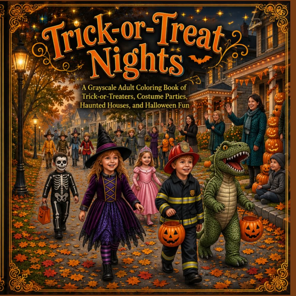 Trick or Treat Nights Adult Coloring Book: A Grayscale Coloring Book of Trick-or_Treaters, Costume Parties, Haunted Houses, and Halloween Fun