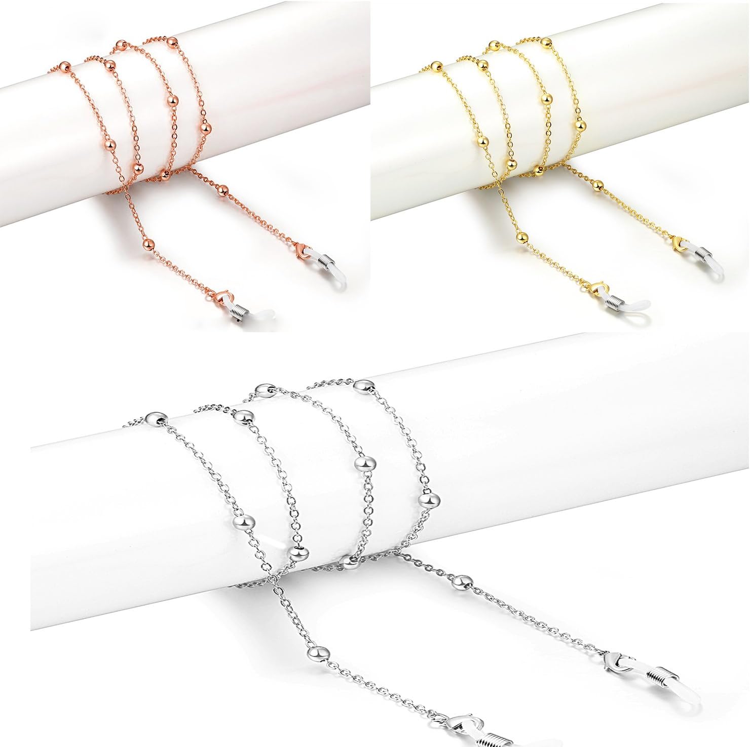 18K Gold Plated Glasses chain for Women（Thick Plating Layer）, Sunglass chain String Strap, Eyeglass Retainer Eyewear Holder for Girls - 3 Pack（Silver, Gold, Rose gold）