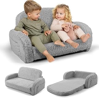 2-in-1 Sherpa Fold Out Kids Couch, Extra Wide Comfy Toddler Chair, Convertible Kids Sofa to Lounger, Foldable Toddler Couch with High Density Foam, Modern Kids Sofa Bed for Boys & Girls 3+, Gray