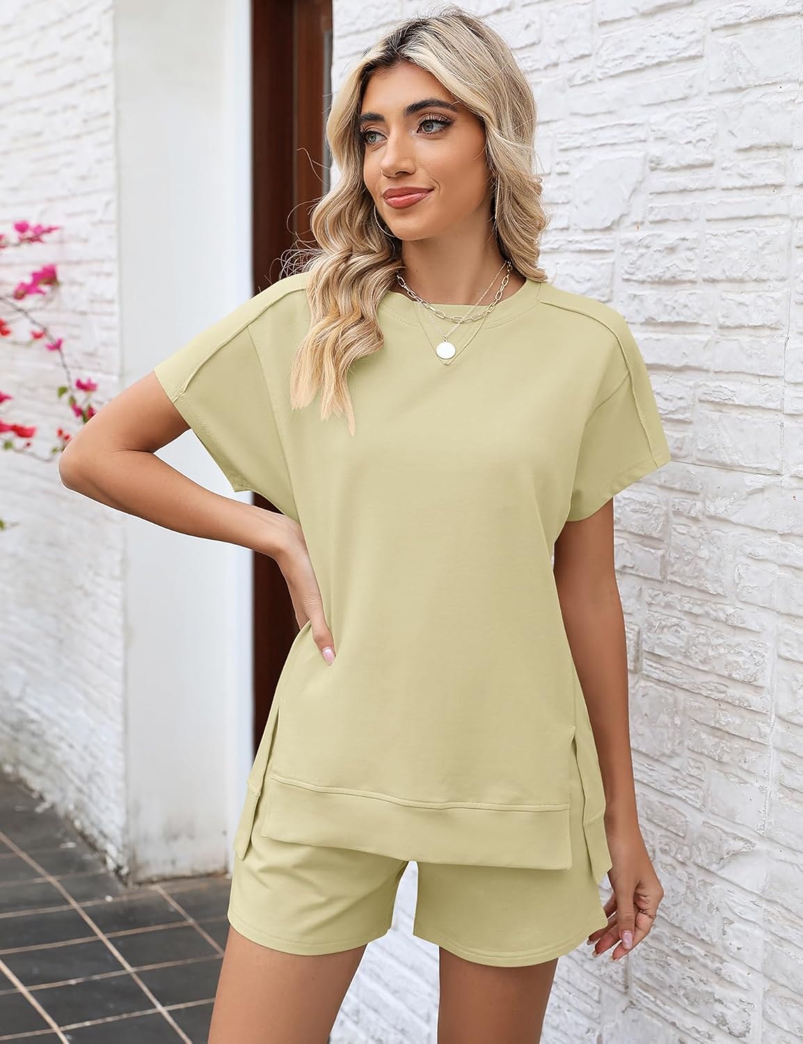 LOMON Womens Fashion 2 Piece Outfits Sweatsuits 2026 Summer Short Sleeve Loungewear Tracksuit Round Neck Lounge Shorts Sets - Image 2