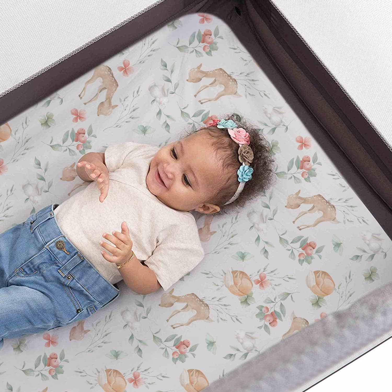 Pack n Play Sheets, BROLEX 2 Pack Mini Crib Sheets,Stretchy Portable Fitted Playard Sheet Set, Convertible Playard Mattress Cover,Ultra Soft Breathable Material,Fawn & Flora