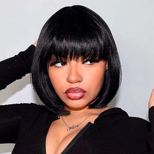 ToyoTress Pelucas de cabello lacio Yaki de 10 pulgadas de color marrón claro con flequillo, peluca de cabello sintético suave y corto de repuesto