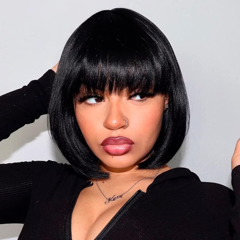 ToyoTress Black Bob Wigs With Bangs - 10 Inch Yaki Straight Hair Daily Costume Wig For Black Women, Soft Short Synthetic Hair Replacement Wigs Heat Resistant (10 Inch, 1B-613H)