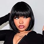 ToyoTress Black Bob Wigs With Bangs - 10 Inch Yaki Straight Hair Daily Costume Wig For Black Women, Soft Short Synthetic Hair Replacement Wigs Heat Resistant (10 Inch, 1B-613H)