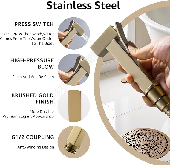 Handheld Bidet Sprayer for Toilet, Cloth Diaper Sprayer with Wall Mounts (ABS) and Hand Held Bidet Bathroom Hose (Stainless Steel), Jet Spray for Toilet, Muslim Shower, Easy to Install (Brushed Gold)