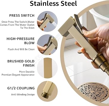 Handheld Bidet Sprayer for Toilet, Cloth Diaper Sprayer with Wall Mounts (ABS) and Hand Held Bidet Bathroom Hose (Stainless Steel), Jet Spray for Toilet, Muslim Shower, Easy to Install (Brushed Gold)