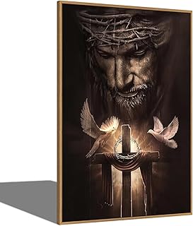 Fchen art Thorn-Crowned Jesus Christian Decor - Cross Religious Inspirational Canvas Art,Yahushua Framed Canvas Print with Vibrant Colors, Easy to Hang Wall Art for Home, Church & Office 12"x16"
