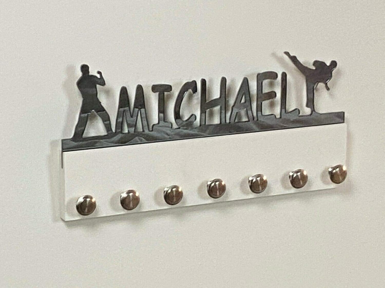 Custom Personalized Name Medal Holder Boy Men Man Male Karate Taekwondo Tae Kwon Do Belt Awards Display Hanger Rack with Hooks 60+ Medals Ribbons Sports 16'' Wide Made To Order With Your Name On It
