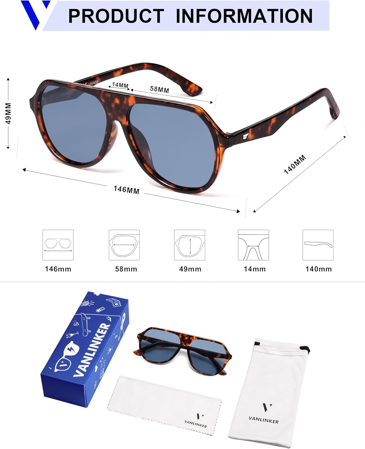 VANLINKER Retro Oversized Polarized Aviator Sunglasses for Women Men Vintage 70s Big Square Aviators VL9851 - Image 6