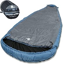your GEAR Calima XXL Camping Sleeping Bag -10 °C, Extra Wide Elliptical Sleeping Bag 230 x 110 cm with Hood, Weatherproof and Warm for Outdoor Camping - Blue/Grey