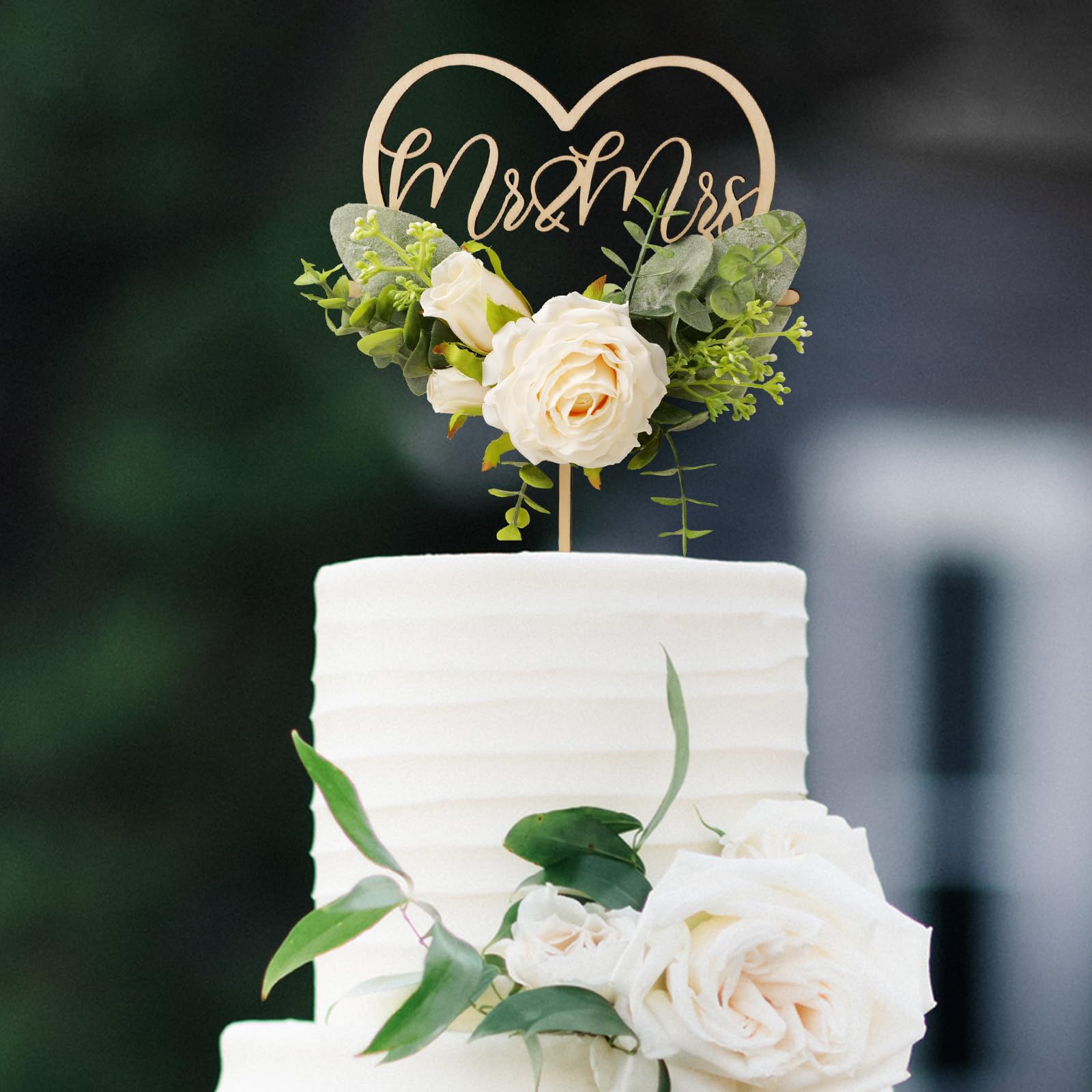 Party to Be Mr & Mrs Wedding Cake Topper in Wood Heart Cake Topper with Flowers and Leaves