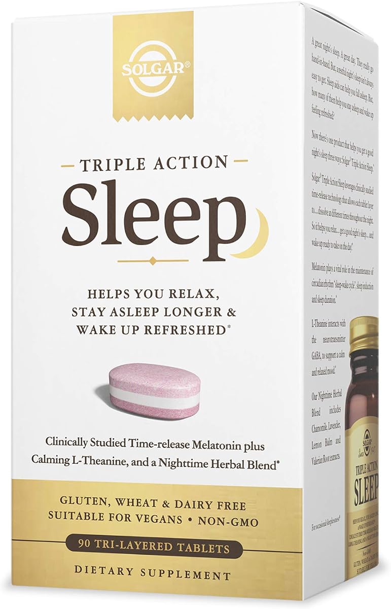Solgar Triple Action Sleep, 90 Tri-Layer Tablets - Non-GMO, Gluten Free | Time-Release Melatonin & L-Theanine Plus Herbal Blend, Helps You Relax, Fall Asleep Fast & Stay Asleep Longer - 90 Servings