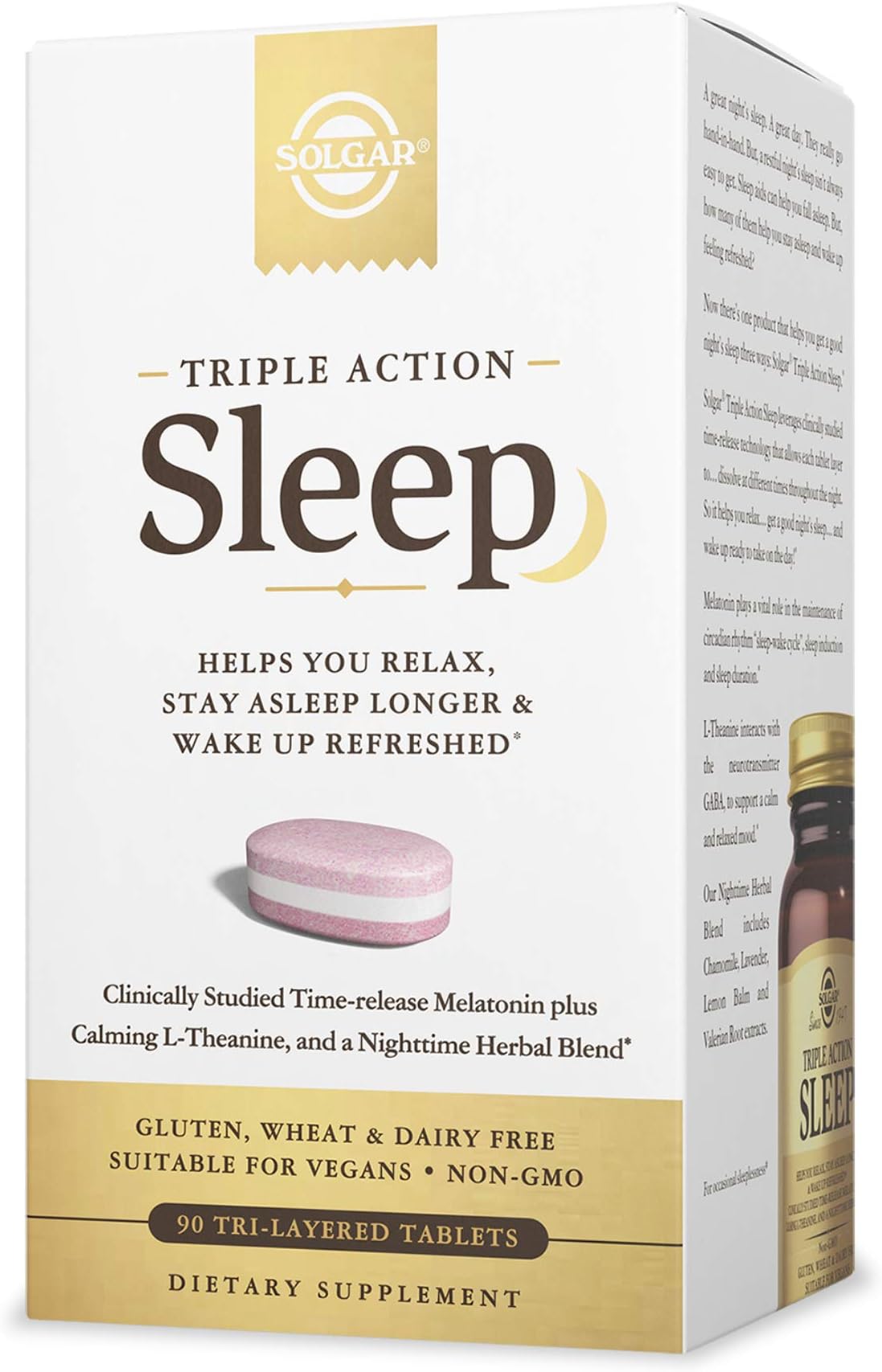 Triple Action Sleep, 90 Tri-Layer Tablets - Time-Release Melatonin & L-Theanine Plus Herbal Blend - Helps You Relax - Non-GMO, Gluten Free - 90 Servings