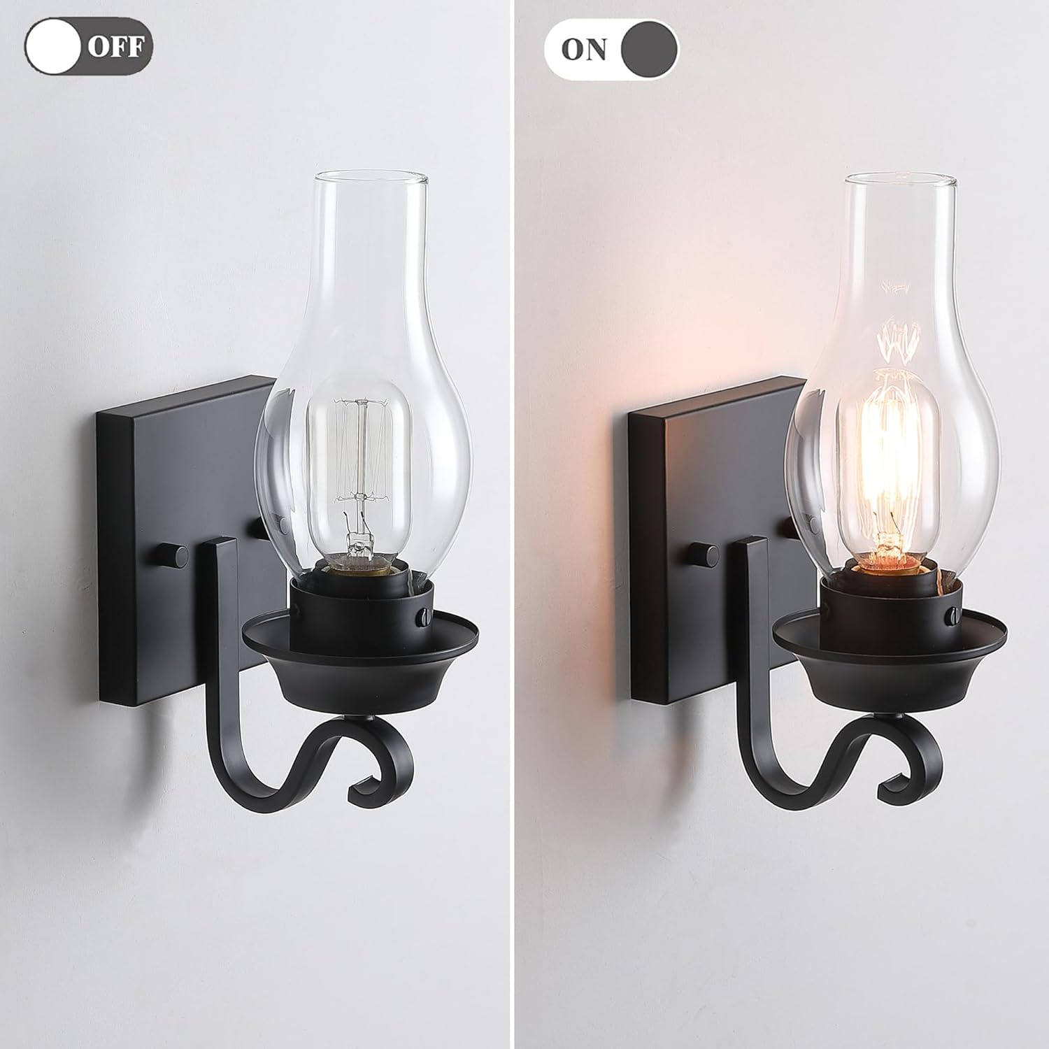 Black Wall Sconces Set of Two, Vintage Farmhouse Wall Sconce with Clear Glass, Bathroom Wall Sconces Lighting Fixture for Bedroom Living Room.