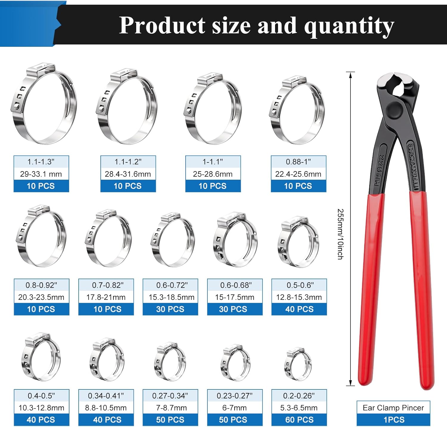 252Pcs 14 Sizes Single Ear Hose Clamp, 5.3-33.1mm 304 Stainless Steel Ear Hose Clamp Kit with Ear Clamp Pincer for Automotive, Plumbing, Fuel Line