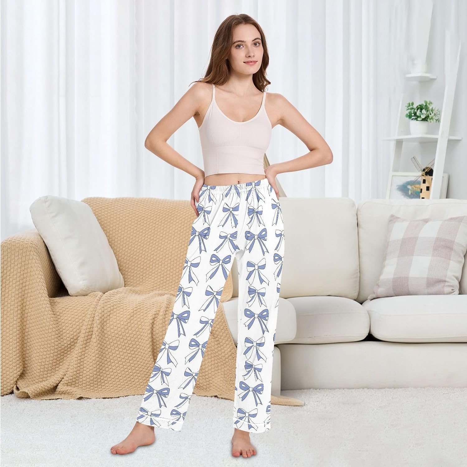 Pajama Pants Women Blue Cute Bow Soft Sleep Lounge Pj Bottoms with Pocket S-XXL