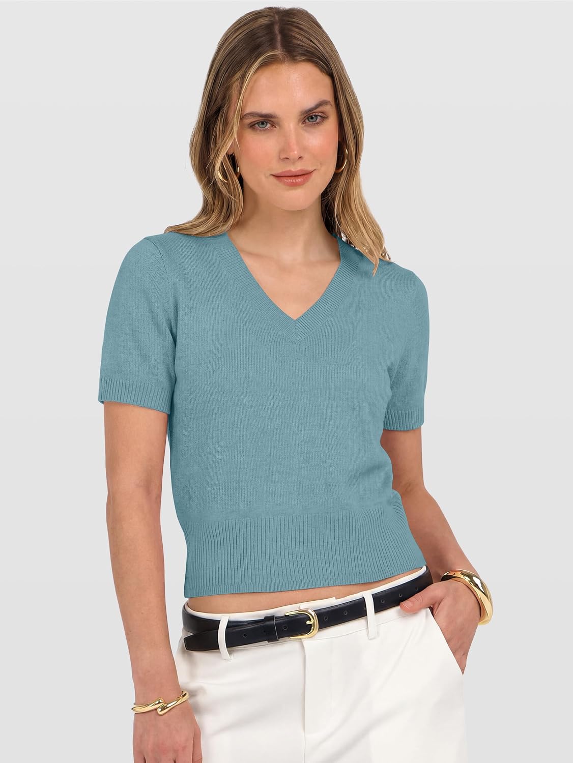 ANRABESS Womens Short Sleeve Sweaters Cropped V Neck image 4